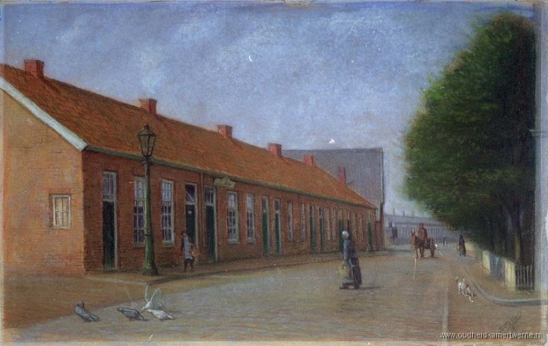 Hollands Dubbeltje Pasteltekening Molenstraat te Enschede, vervaardiger E. Rabbers 1915.jpg