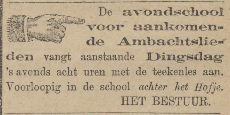 Achter het Hofje Avondschool voor aankomende Ambachtslieden advertentie Tubantia 12-10-1872.jpg