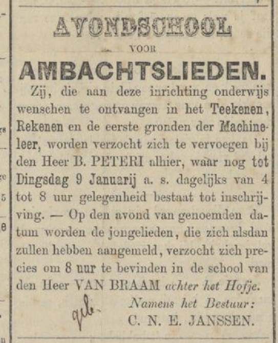 Achter het Hofje Avondschool voor Ambachtslieden in school Van Braam advertentie Tubantia 20-1-1872.jpg
