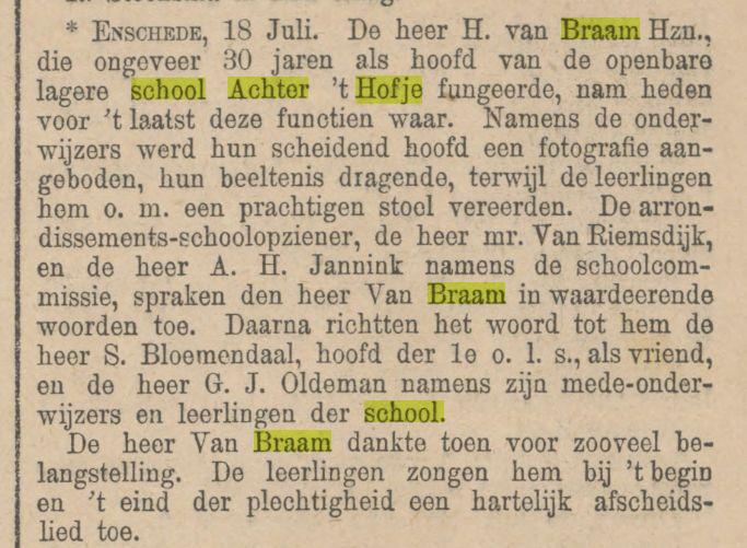 Achter het Hofje H. van Braam hoofd Openbare lagere school krantenbericht 21-7-1896.jpg
