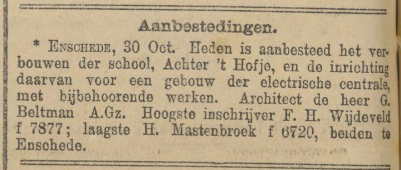 Achter het Hofje school wordt gebouw electrische Centrale krantenbericht 1-11-1899.jpg