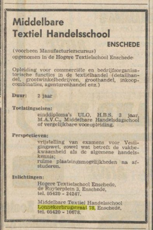 Lonnekerbrugstraat 78 Middelbare Textie Handelsschool advertentie Het Parool 9-3-1968.jpg