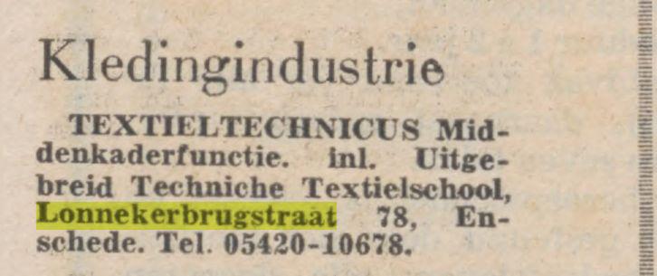 Lonnekerbrugstraat 78 Uitgebreid Technische Textielschool krantenbericht Het Parool 18-3-1969.jpg