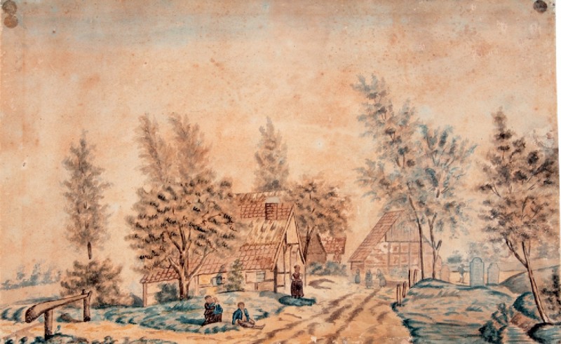 Molensteeg ter hoogte van de St. Jozefkerk aquaral vervaardiger W.J. Meyer 1835.jpg