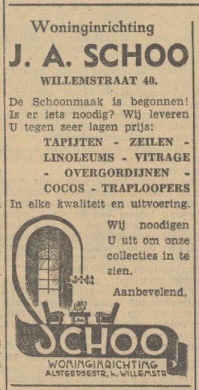 Willemstraat 40 hoek Alsteedsestraat Woninginrichting J.A. Schoo advertentie Tubantia 28-4-1940.jpg