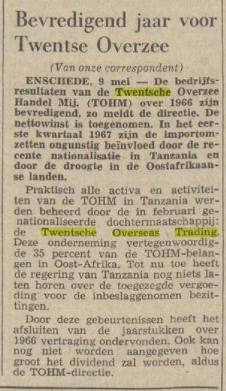 Twentsche Overseas Trading Enschede dochtermaatschappij van Twentsche Overzee Handel Mij TOHM krantenbericht Volkskrant 9-5-1967 .jpg