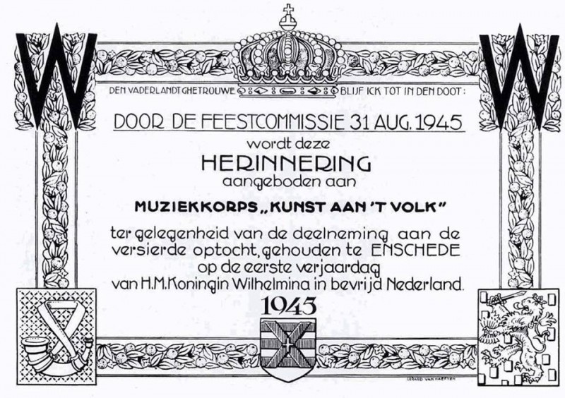 Muziekkorps Kunst aan 't Volk herinnering feestcommmissie 31-8-1945 met wapen van Enschede.jpg