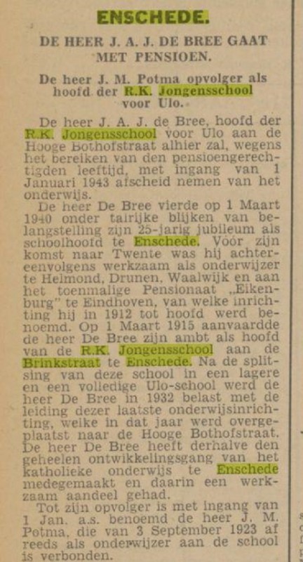 Brinkstraat R.K. Jongensschool krantenbericht Tubantia 19-10-1942 .jpg