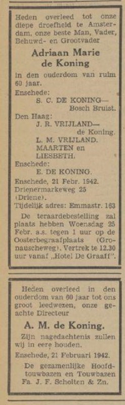 Drienermarkeweg 25 A.M. de Koning. directeur Textielfabriek Fa. J.F. Scholten & Zn. N.V. overlijdensadvertentie Tubantia 24-2-1942.jpg