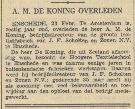 A.M. de Koning krantenbericht Algemeen Handelsblad 25-2-1942 .jpg