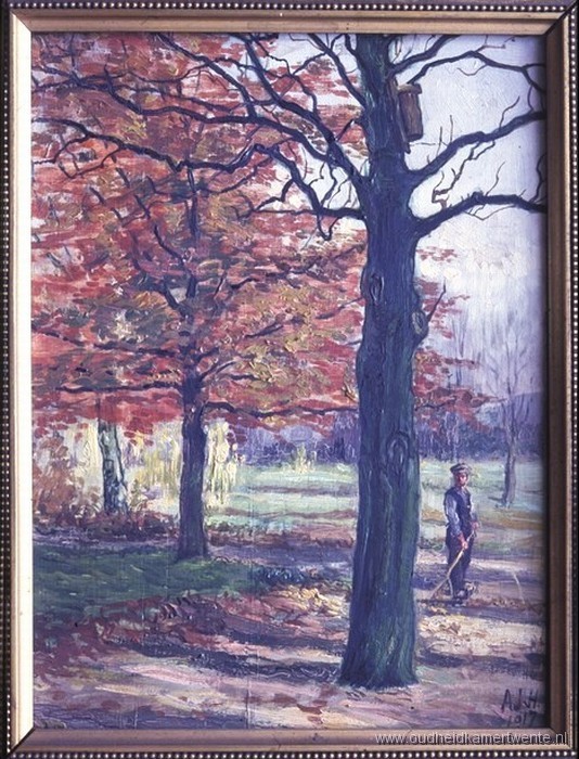 Van Lochemsbleekpark bladerharkende tuinman tussen hoge bomen schilderij A. Jungé-van Heek 1917..jpg