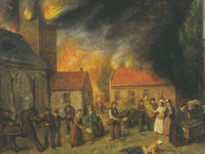 Markt stadsbrand 1862 schilderij L Bruna  Toren schooltje werd in 1645 tegen de toren van de Grote Kerk gebouwd..jpg