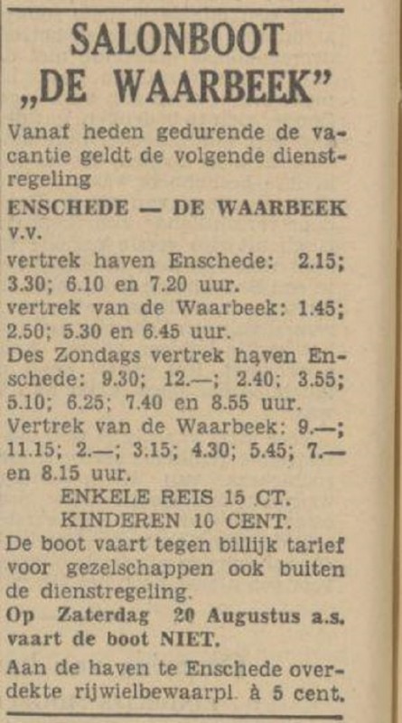 Haven Enschede dienstregeling Salonboot De Waarbeek advertentie Tubantia 30-7-1938.jpg