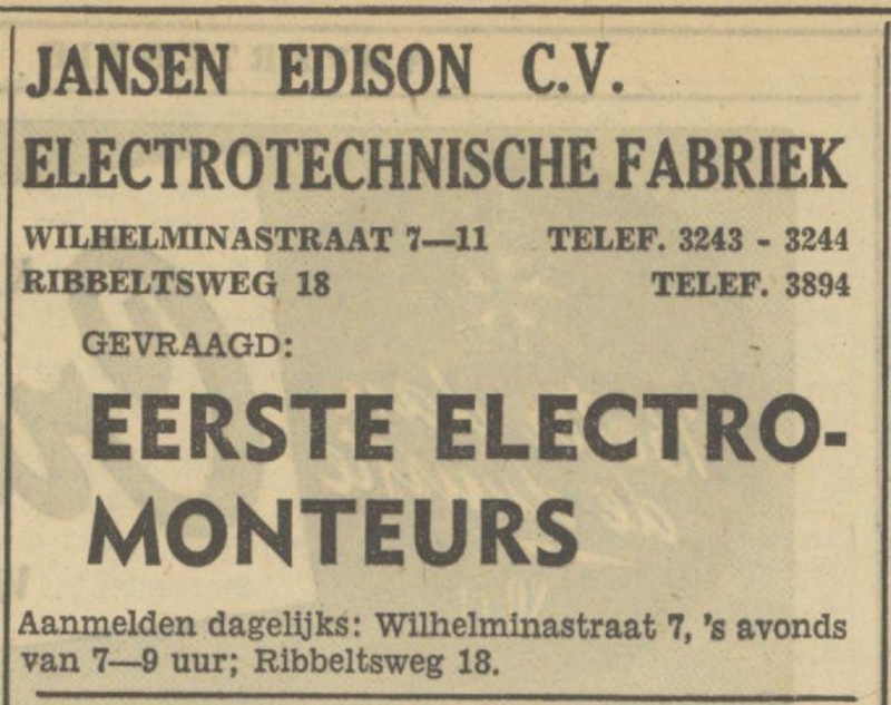 Wilhelminastraat 7-11 Electrotechnische Fabriek Jansen Edison C.V. advertentie Tubantia 18-4-1950.jpg