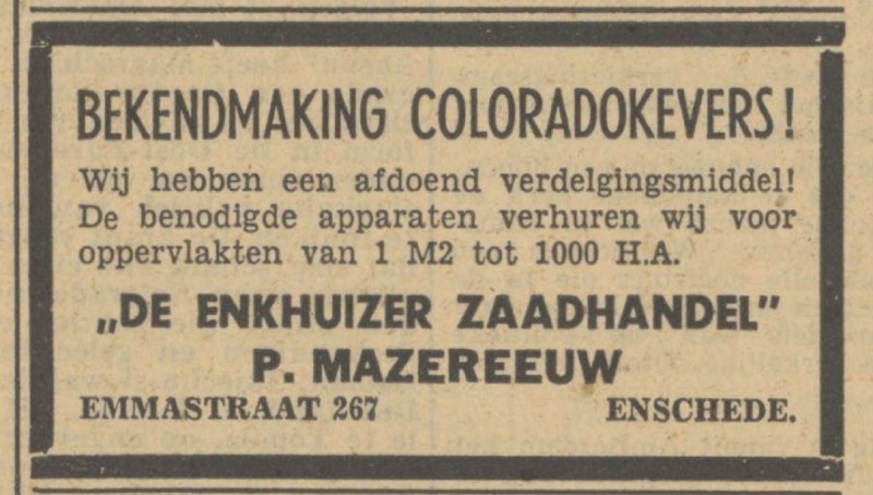 Emmastraat 267 De Enkhuizer Zaadhandel P. Mazereeuw advertentie Tubantia 1-8-1949.jpg
