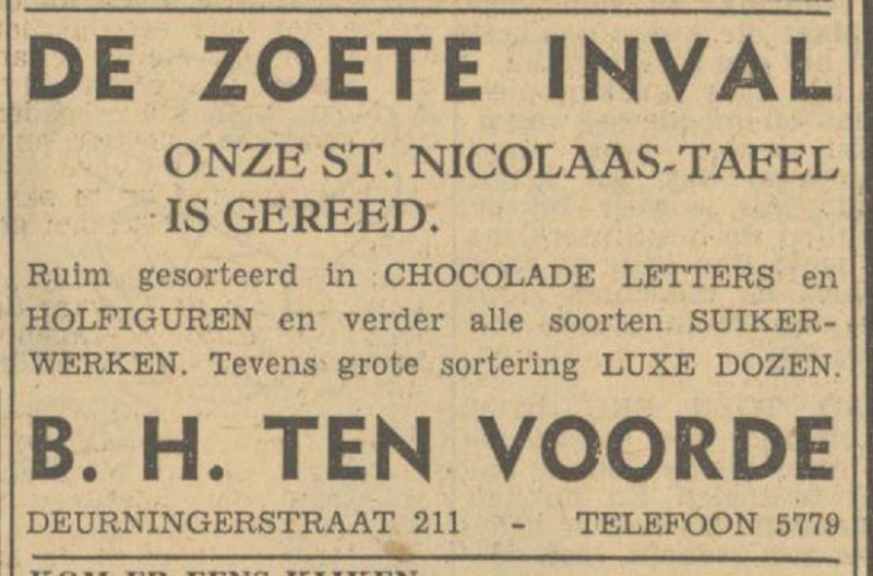 Deurningerstraat 211 winkel De Zoete inval van B.H. ten Voorde advertentie Tubantia 29-11-1949.jpg