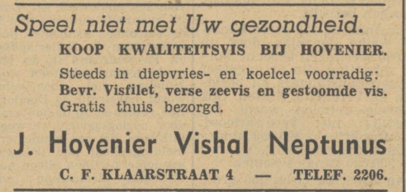 C.F. Klaarstraat 4 vishal Neptnus J. Hovenier advertentie Tubantia 12-9-1949.jpg