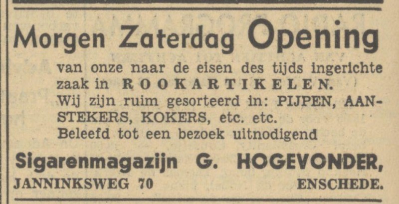 Janninksweg 70 Sigarenmagazijn G, Hogevonder advertentie Tubantia 8-12-1949.jpg