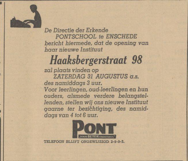 Haaksbergerstraat 98 Pontschool advertentie Tubantia 28-8-1940.jpg