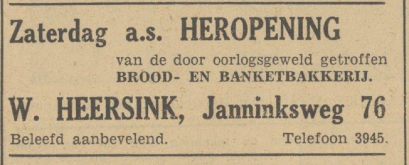 Janninksweg 76 Brood- en Banketbakkerij W. Heersink advertentie Tubantia 2-9-1948.jpg