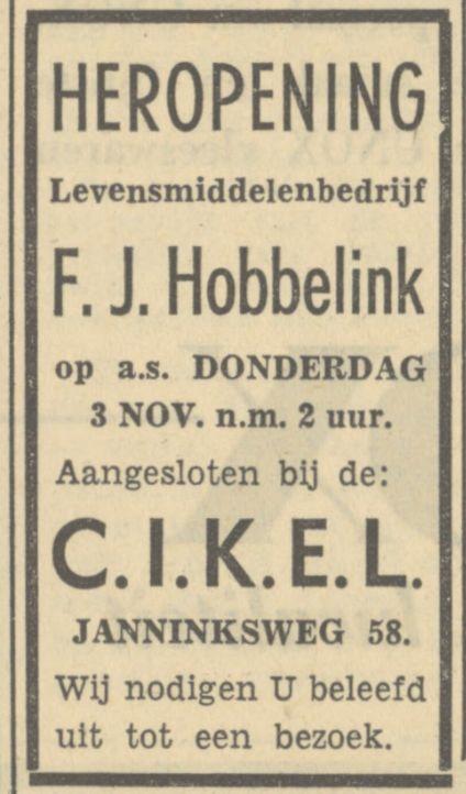 Janninksweg 58 Levensmiddelenbedrijf F.J. Hobbelink C.I.K.E.L. advertentie Tubantia 2-11-1949.jpg
