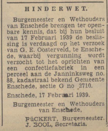 Janninksweg 88 Confectiefabriek G.E. Oosterveld Hinderwet krantenbericht Tubantia 17-2-1939.jpg