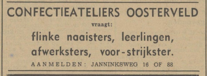 Janninksweg 88 confectieatelier Oosterveld advertentie Tubantia 28-12-1939.jpg