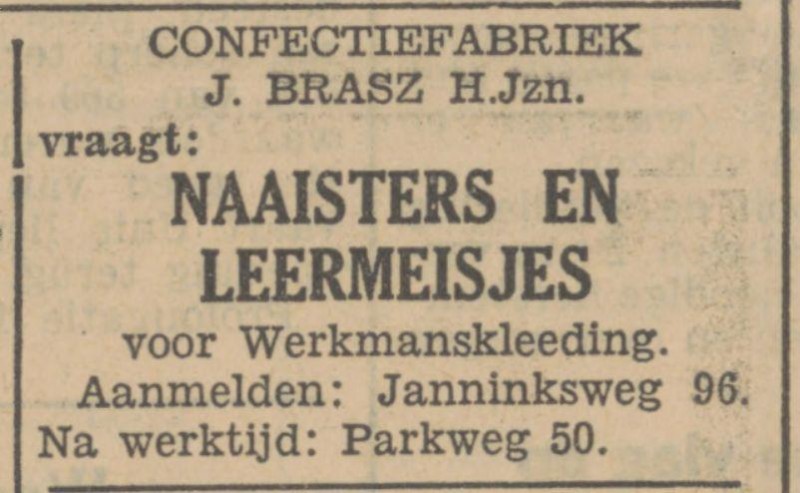 Janninksweg 96 Confectiefabriek J. Brasz H.Jzn. advertentie Tubantia 29-6-1931.jpg