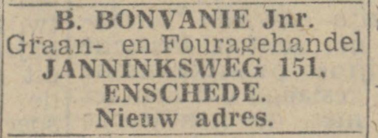 Janninksweg 151 B. Bonvanie Jr. Graan- en Fouragehandel advertentie Twentsch nieuwsblad 26-5-1944.jpg