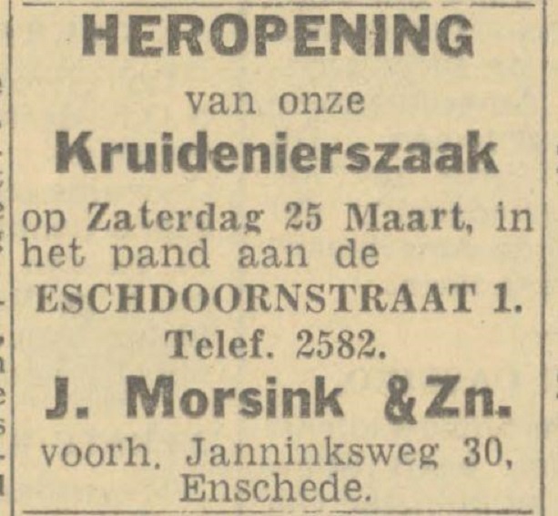 Esdoornstraat 1 J. Morsink & Zn kruidenierszaak voorheen Janninksweg 30 advertentie Twentsch nieuwsblad 24-3-1944.jpg