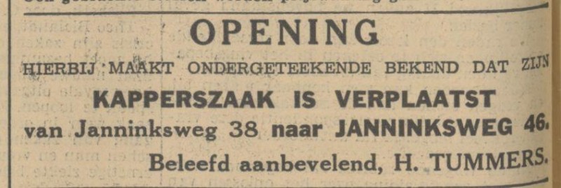Janninksweg 38 later 46 kapperszaak H. Tummers advertentie Tubantia 9-11-1935.jpg