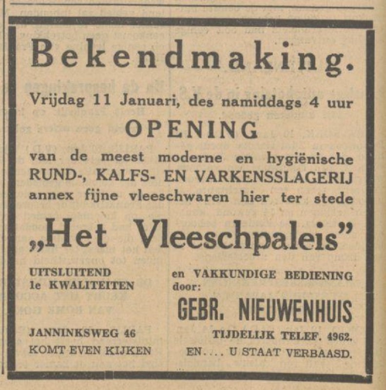 Janninksweg 46 Het Vleeschpaleis Gebr. Nieuwenhuis Rund-, Kalfs- en Varkensslagerij advertentie Tubantia 10-1-1935.jpg