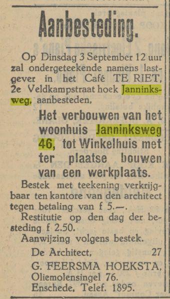 Janninksweg hoek 2e Veldkampstraat cafe Te Riet advertentie Tubantia 24-8-1924.jpg