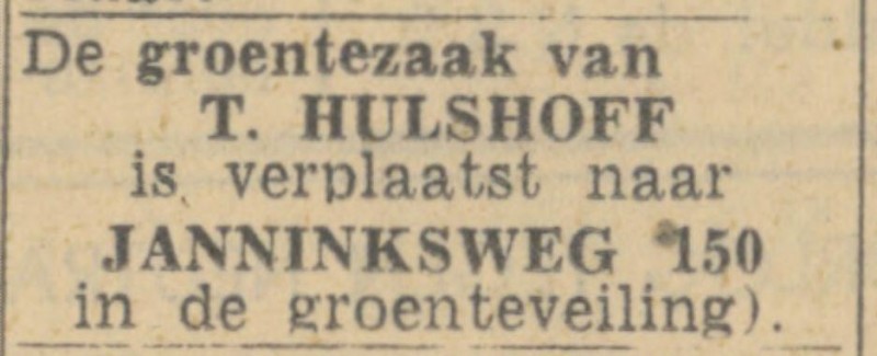 Janninksweg 150 Groenteveiling groentezaak T. Hulshoff advertentie Twentsch Nieuwsblad 6-3-1944.jpg