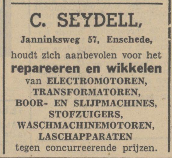 Janninksweg 57 C. Seydell repareren en wikkelen van electromotoren advertentie Tubantia 16-9-1941.jpg