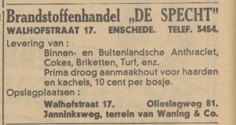 Janninksweg terrein Waning & Co Brandstoffenhandel De Specht advertentie Tubantia 13-11-1934.jpg