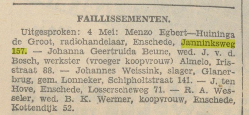 Janninksweg 157 Menzo Egbert Huininga de Groot radiohandelaar krantenbericht 7-5-1932.jpg