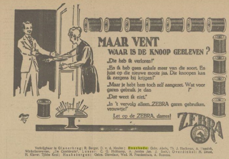 Zebra Gebr. Abeln, Th. J. Hackman, A. Hassink, Winkeliersveree. De Combinatie advertentie Tubantia 4-8-1923.jpg