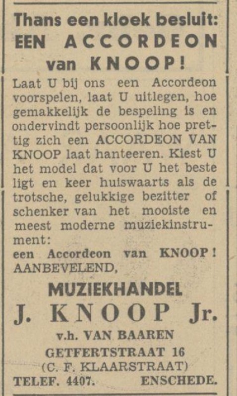 C.F. Klaarstraat 16 v.h. Getfertstraat 16 Muziekhandel J. Knoop Jr. advertentie Tubantia 2-12-1936.jpg