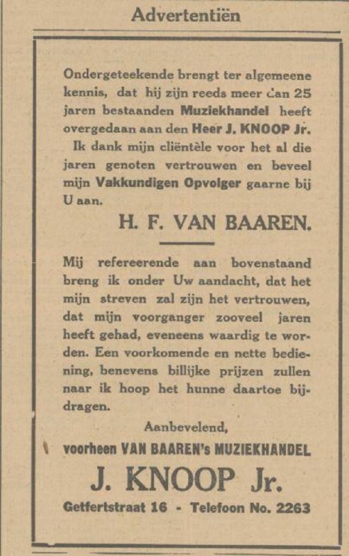 Getfertstraat 16 voorheen Van Baaren's Muziekhandel J. Knoop Jr. advertentie Tubantia 14-12-1932.jpg