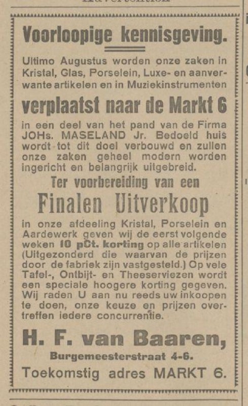 Burgemeesterstraat 4-6 H.F. van Baaren toekomstig adres Markt 6 pand Joh. Maseland advertentie Tubantia 18-5-1925.jpg