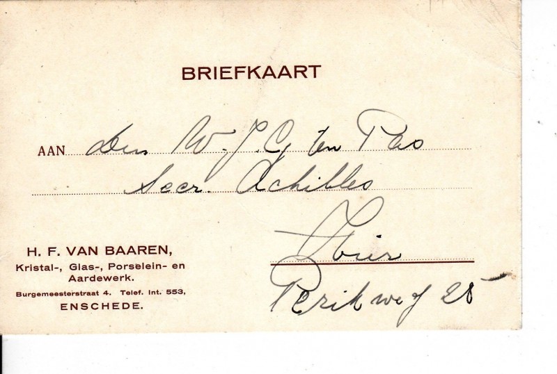 Burgemeesterstraat 4 H.F. van Baaren Kristal, Glas, Porselein en Ardewerk briefkaart.jpg