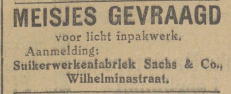 Wilhelminastraat Suikerwarkenfabriek Sachs & Co advertentie Tubantia 28-4-1927.jpg