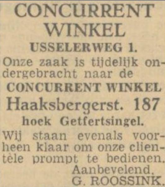 Usselerweg 1 Concurrent winkel verplaatst naar Haaksbergerstraat 187 hoek Getfertsingel advertentie Twents nieuwsblad 28-2-1944.jpg