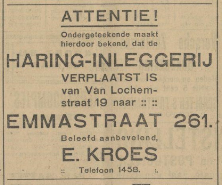 Emmastraat 261 Van Lochemstraat 19 Haringinleggerij E. Kroes advertentie Tubantia 7-12-1927.jpg