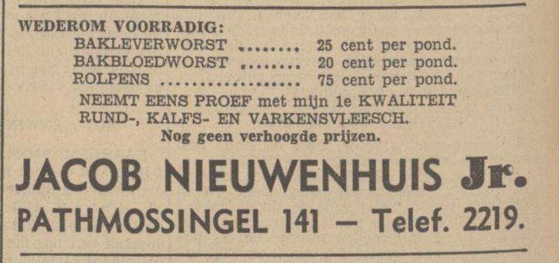 Pathmossingel 141 slagerij Jacob Nieuwenhuis advertentie Tubantia 9-10-1936.jpg
