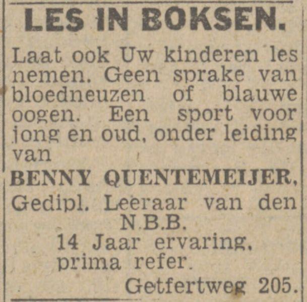 Getfertweg 205 Benny Quentemeijer Les in boksen advertentie Twentsch nieuwsblad 4-3-1943.jpg
