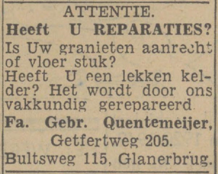 Getfertweg 205 Fa. Gebr. Quentemeijer Reparaties advertentie Twentsch nieuwsblad 3-4-1943.jpg