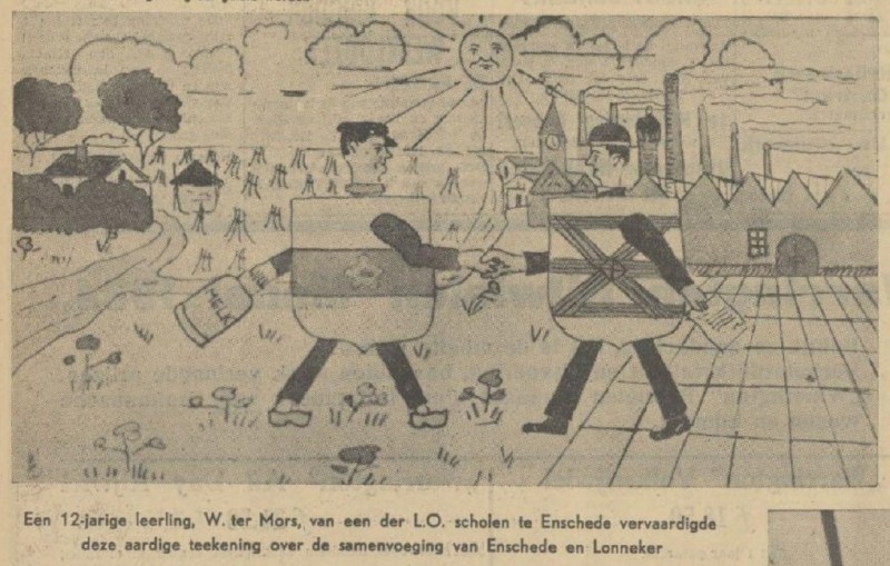 Fusie Enschede en Lonneker krantenberich Tubantia 7-5-1934 tekening met beide stadswapen.jpg
