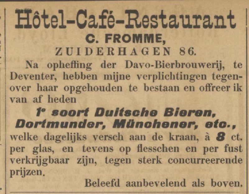 Zuiderhagen 86 Hotel Cafe Restaurant C. Fromme advertentie Tubantia 11-1-1908.jpg